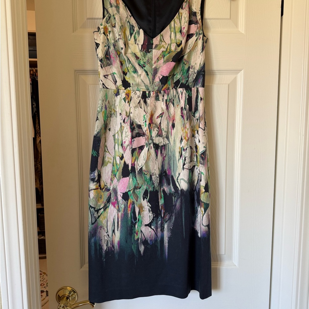 Elie Tahari Black Midi Dress with Abstract Floral Print